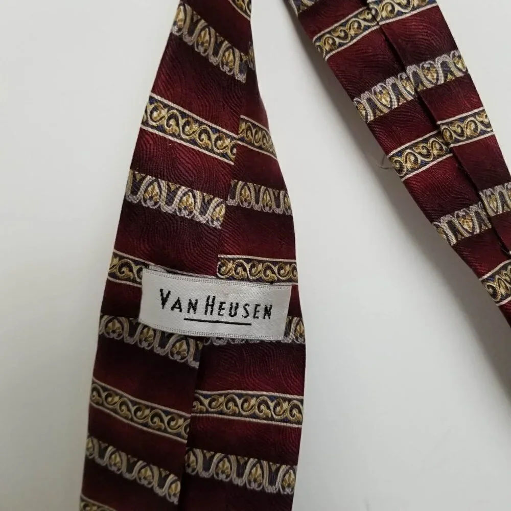 Van Heusen 100% Silk Striped Print Red Gold Tie